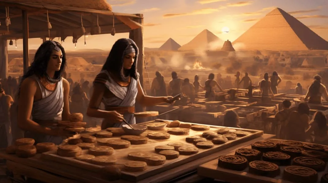Une scène inspirée de l'Égypte ancienne autour du pain et des céréales