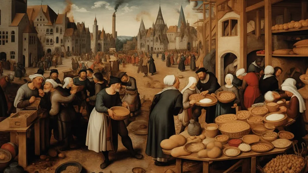 Un marché médiéval animé où le pain circule entre artisans et habitants