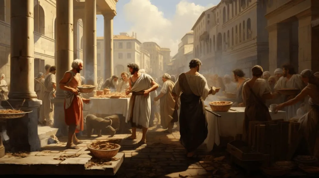 Une scène romaine autour du pain partagé dans l'espace public