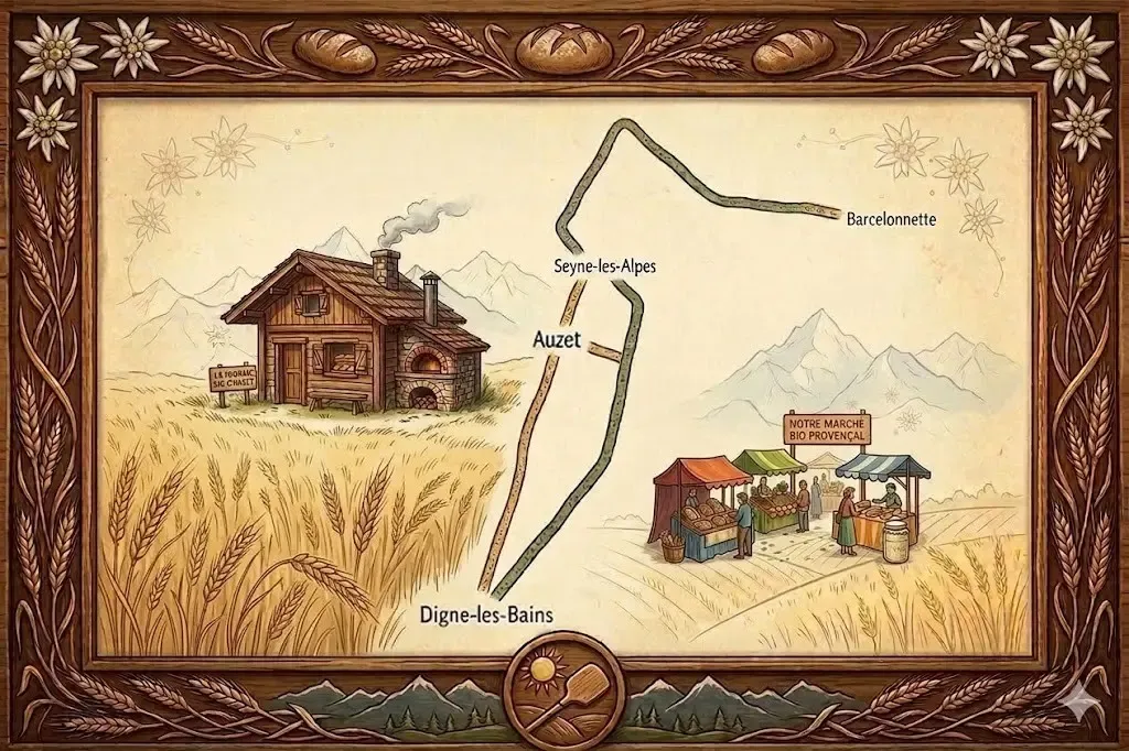 Carte schematique montrant le fournil de PAIN LIBRE a Auzet et le marche de Digne-les-Bains.